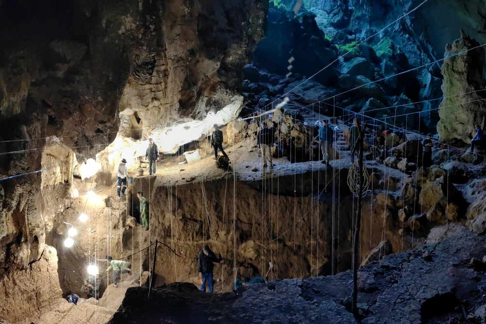 The team excavated through layers of sediments and bones that gradually washed into the cave and were left untouched for tens of thousands of years. Photo by Fabrice Demeter