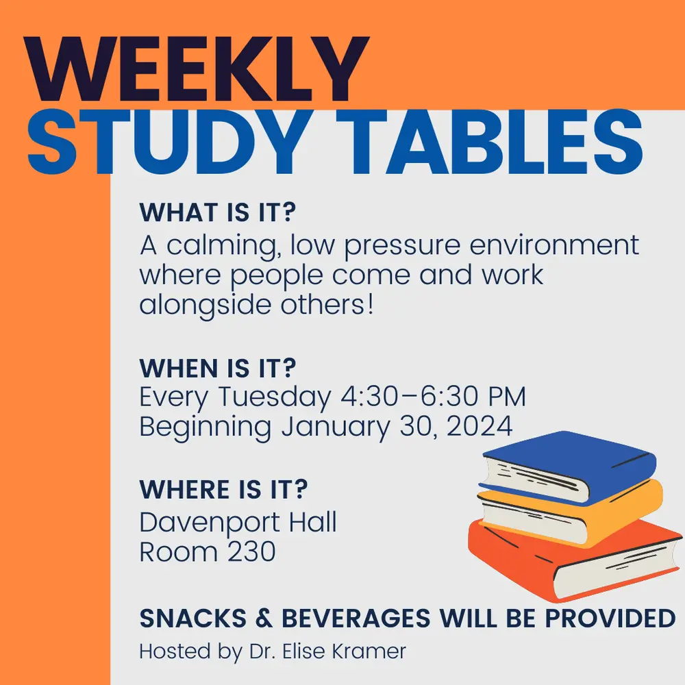 Are you struggling to get your work done? Join other students for our weekly work-in study tables starting tomorrow in Davenport Hall! Our weekly work-in study tables are hosted by Dr. Elise Kramer with snacks and drinks!